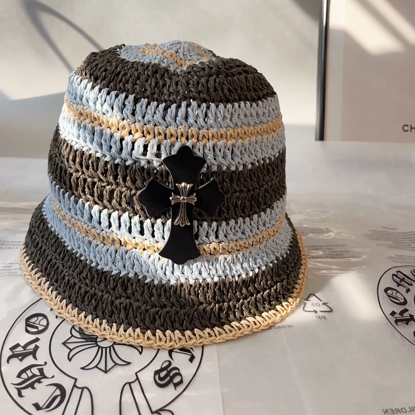 2⃣️5⃣Spring and summer new style️ꫛꫀꪝ❥—— 🖤Crow heart cross logo straw hat 🆕Khaki blue 👌Hand-woven raffia 👒Head circumference 55～58cm